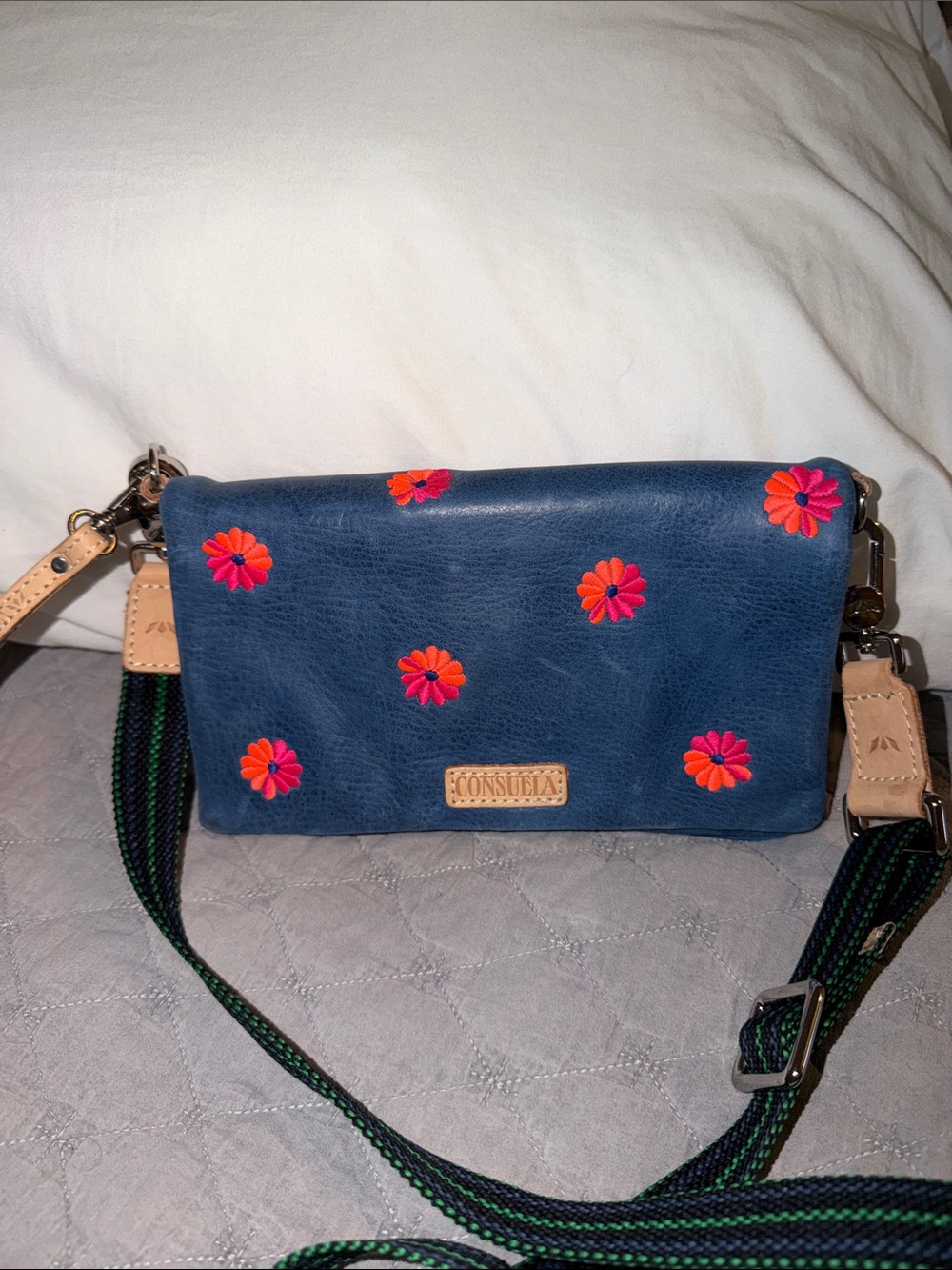 Consuela Navy Leather Crossbody with Pink and Orange Floral Embroidery